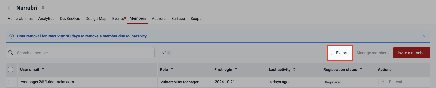 Export members on the Fluid Attacks platform