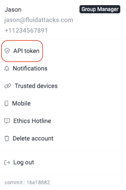 Find the API Token option on the Fluid Attacks platform