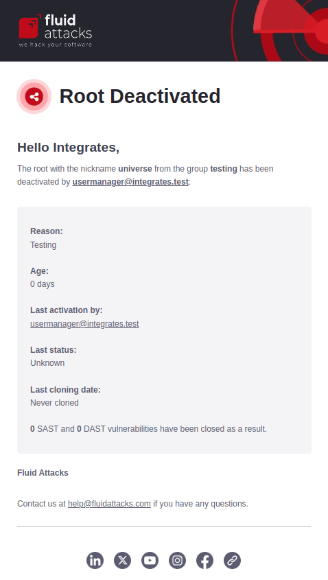 Enable root deactivation notification on the Fluid Attacks platform