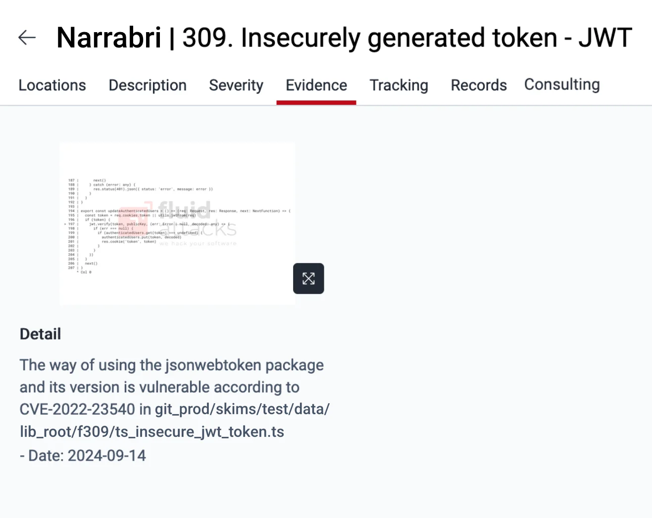 View evidence of reachable vulnerability on the Fluid Attacks platform