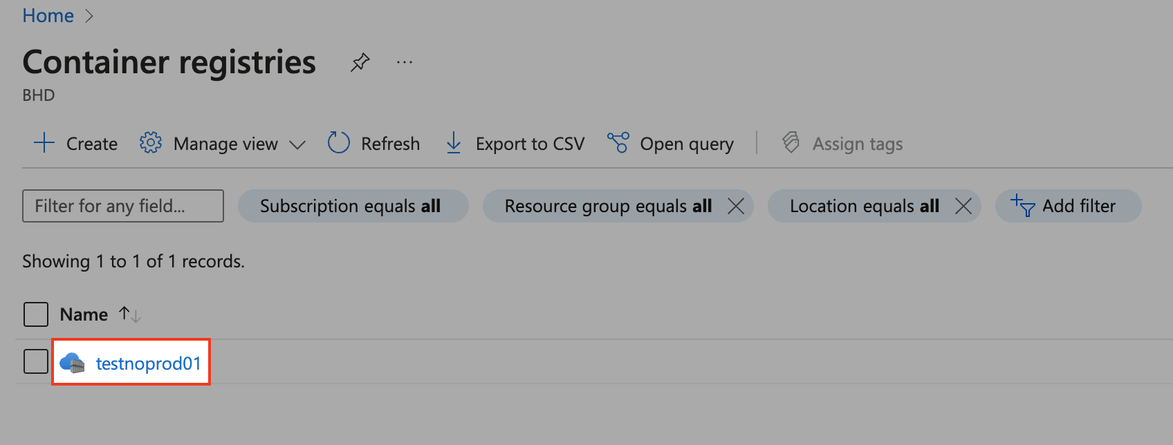 Select container registry on Azure