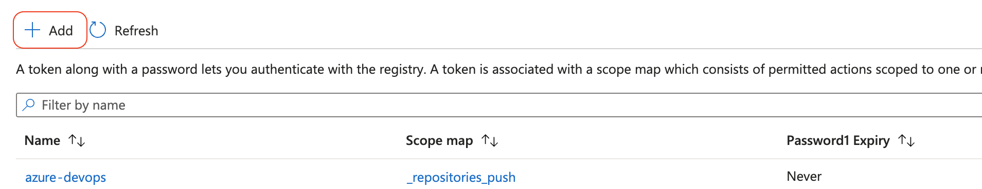 Add a token to Azure container registry