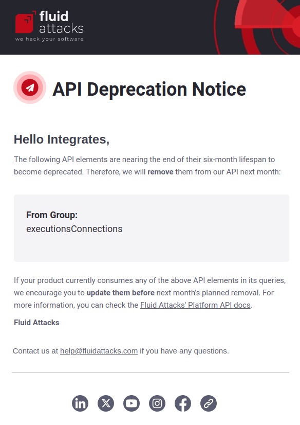 Get API deprecation notice from the Fluid Attacks platform