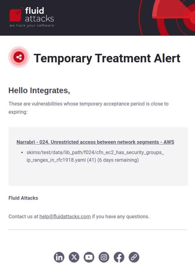 Enable the Temporary treatment alert on the Fluid Attacks platform
