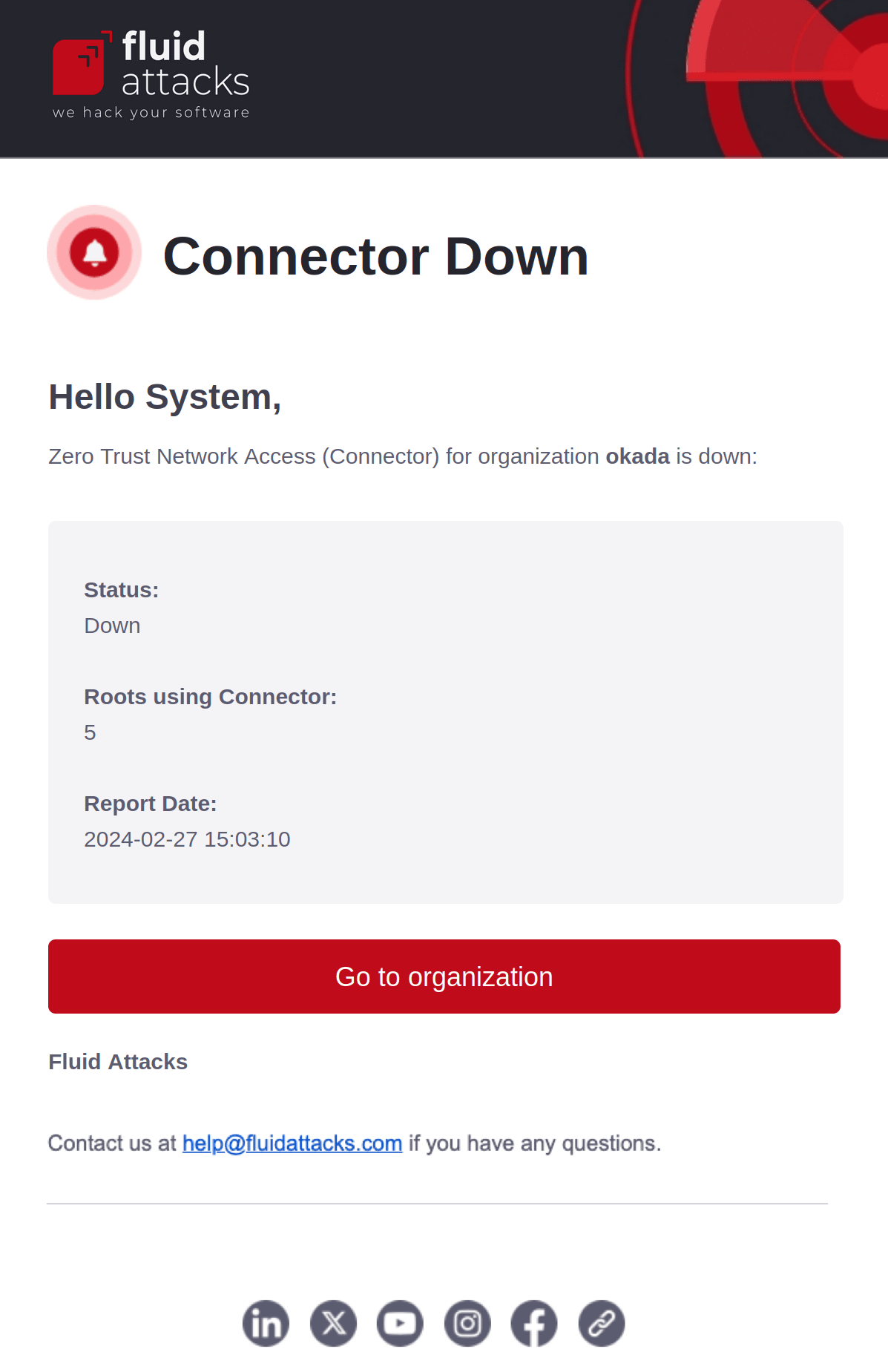 Get the Connector down notification from the Fluid Attacks platform
