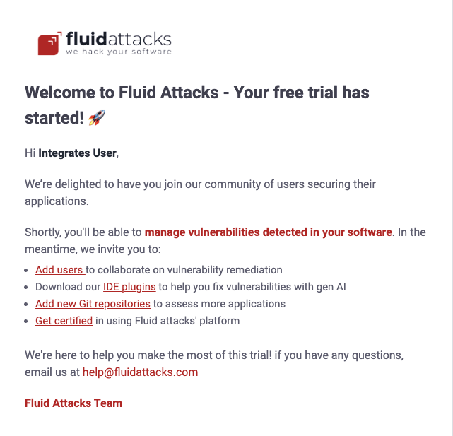 Get free trial registration email from the Fluid Attacks platform