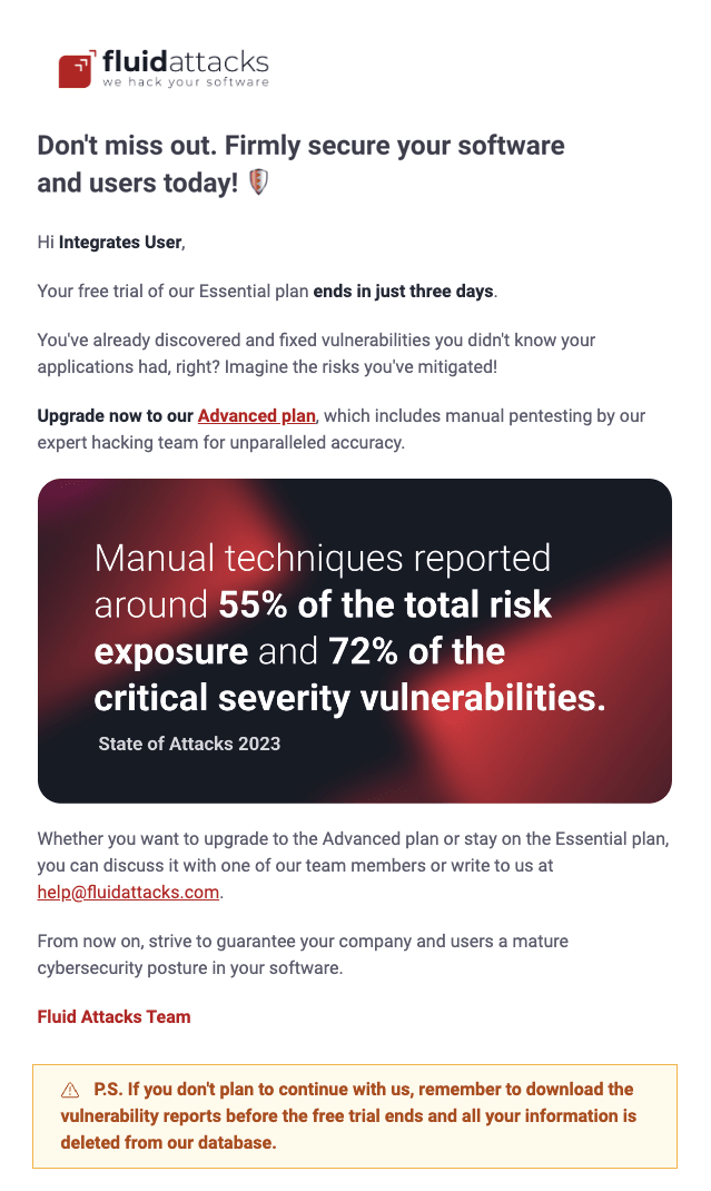 Get Fluid Attacks free trial email about pentesting