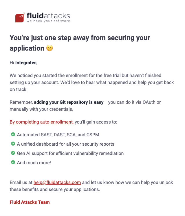 Get incomplete trial registration email from the Fluid Attacks platform
