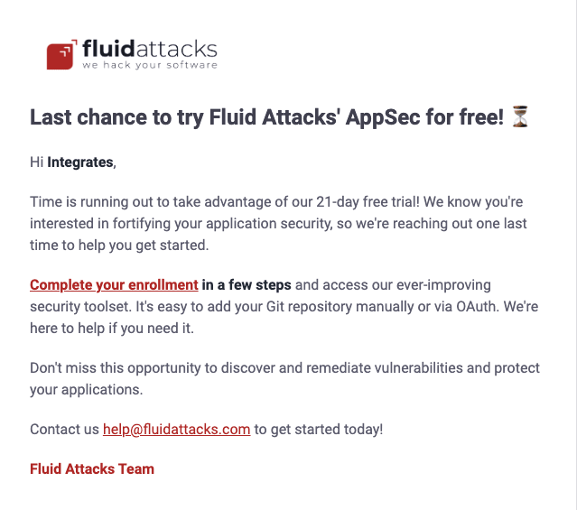 Get third incomplete trial registration email from the Fluid Attacks platform