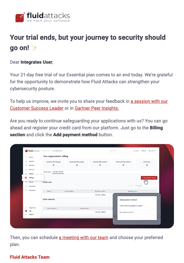 Get Fluid Attacks free trial expiration email