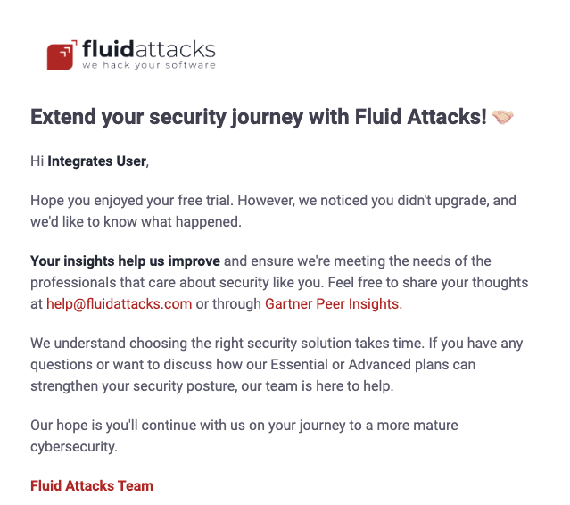Get Fluid Attacks free trial expiration second email
