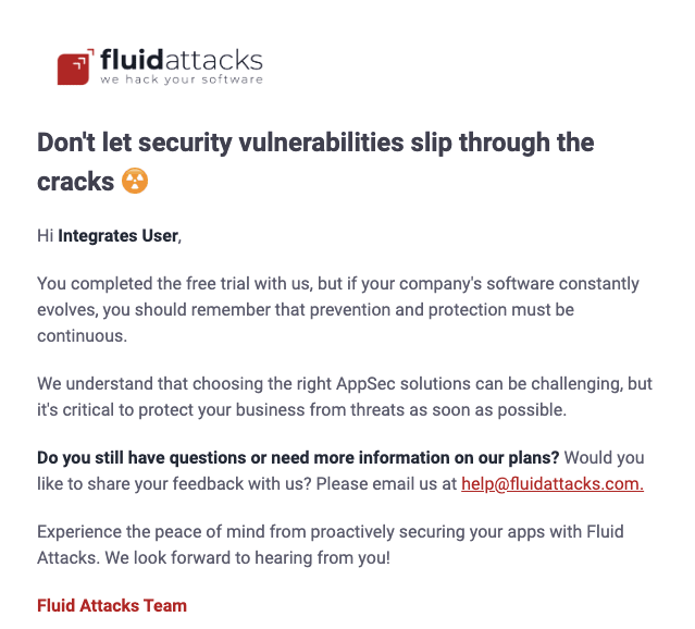 Get Fluid Attacks free trial expiration third email