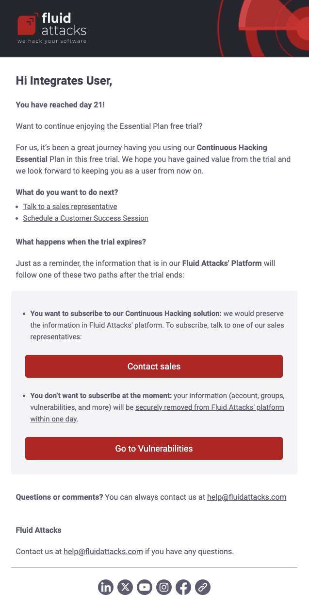 Get the Fluid Attacks free trial over email