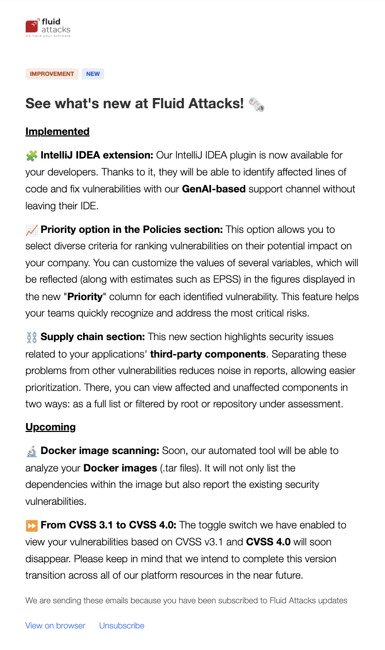 Get the Fluid Attacks platform newsletter