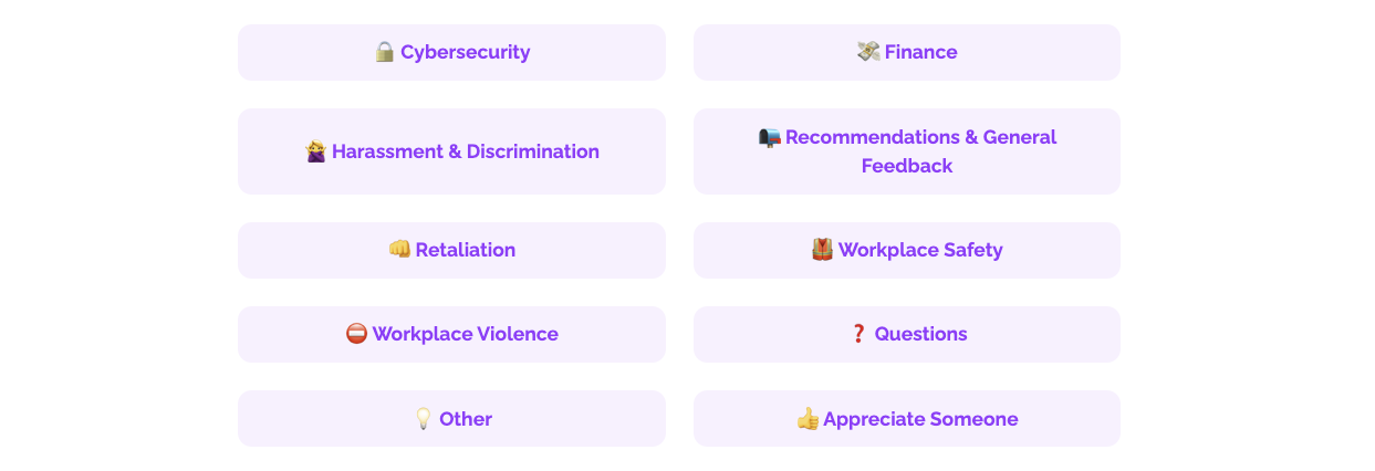 Anonymous reporting categories