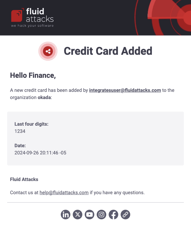 Get credit card notification from the Fluid Attacks platform