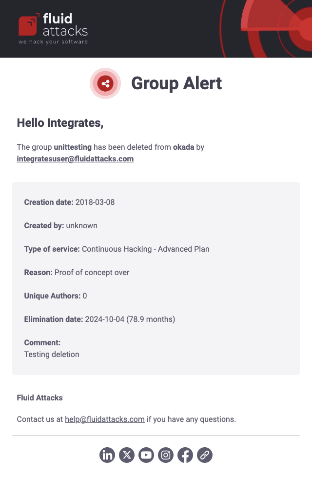 Get the group deletion confirmation email from the Fluid Attacks platform
