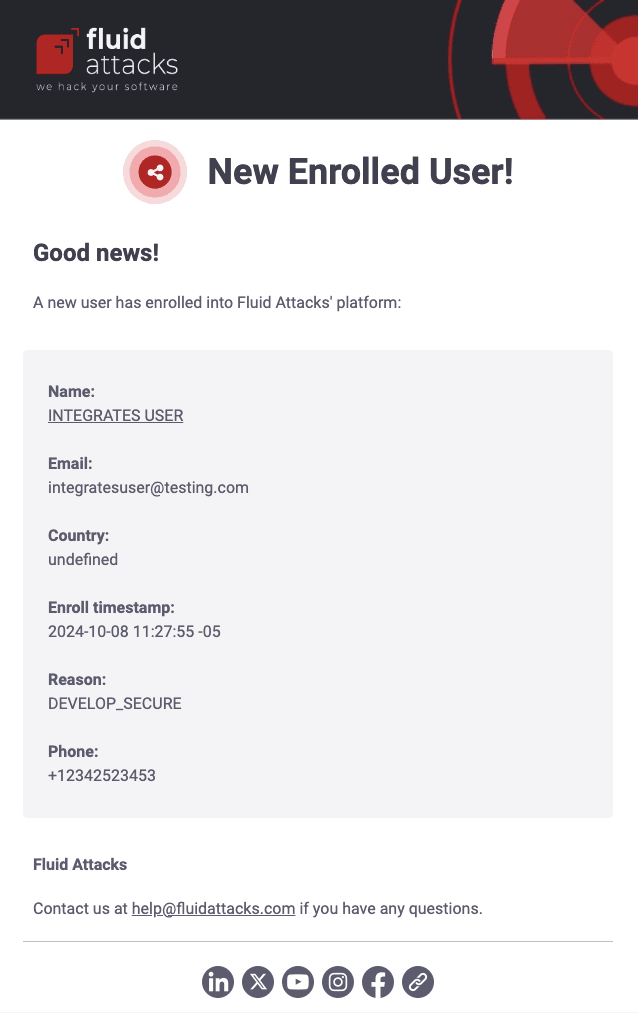 Get the new enrolled email from the Fluid Attacks platform