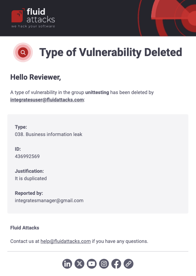 Get type of vulnerability deleted email from the Fluid Attacks platform