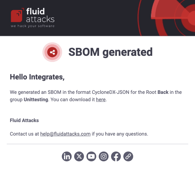 Get the SBOM file email from the Fluid Attacks platform