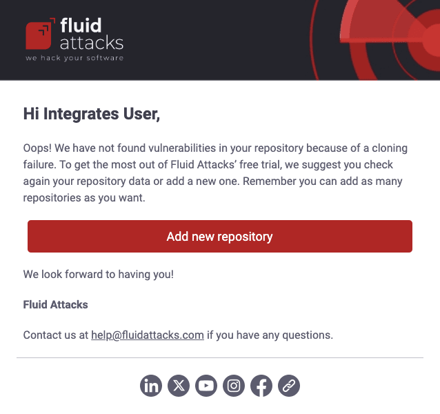 Get free trial scan failure from the Fluid Attacks platform