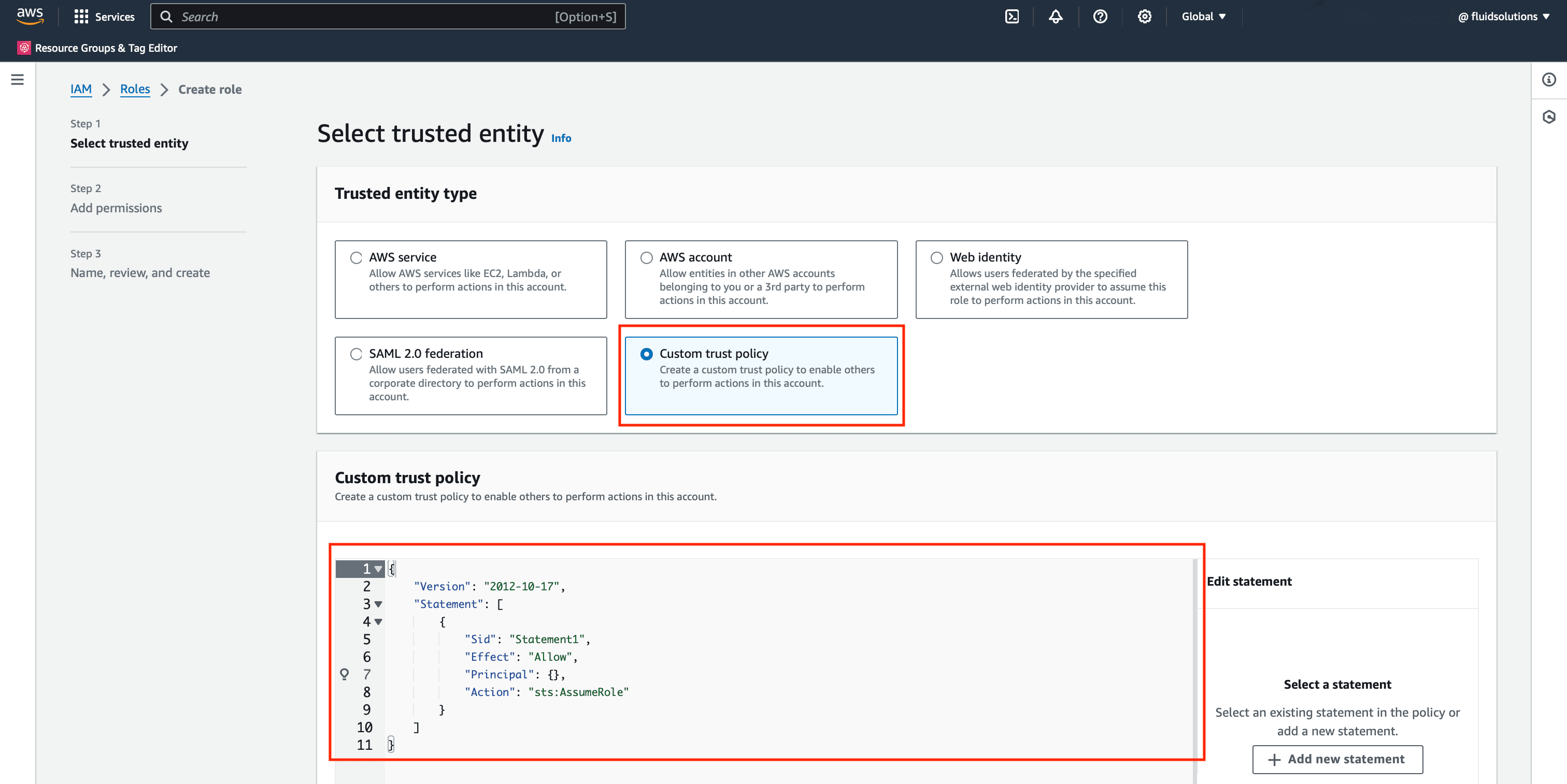 Create Custom trust policy for Fluid Attacks in IAM
