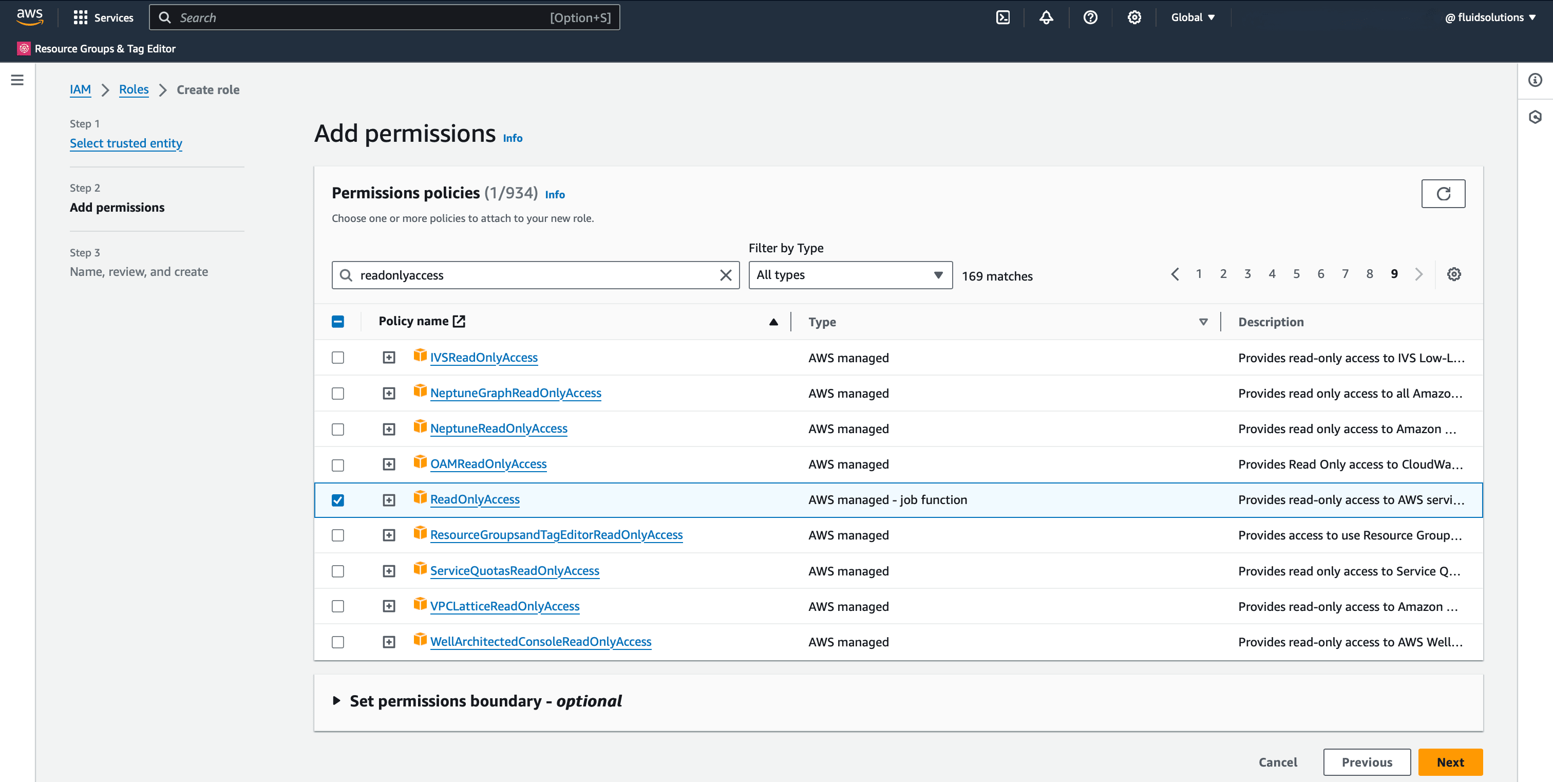 Select IAM role permissions for Fluid Attacks