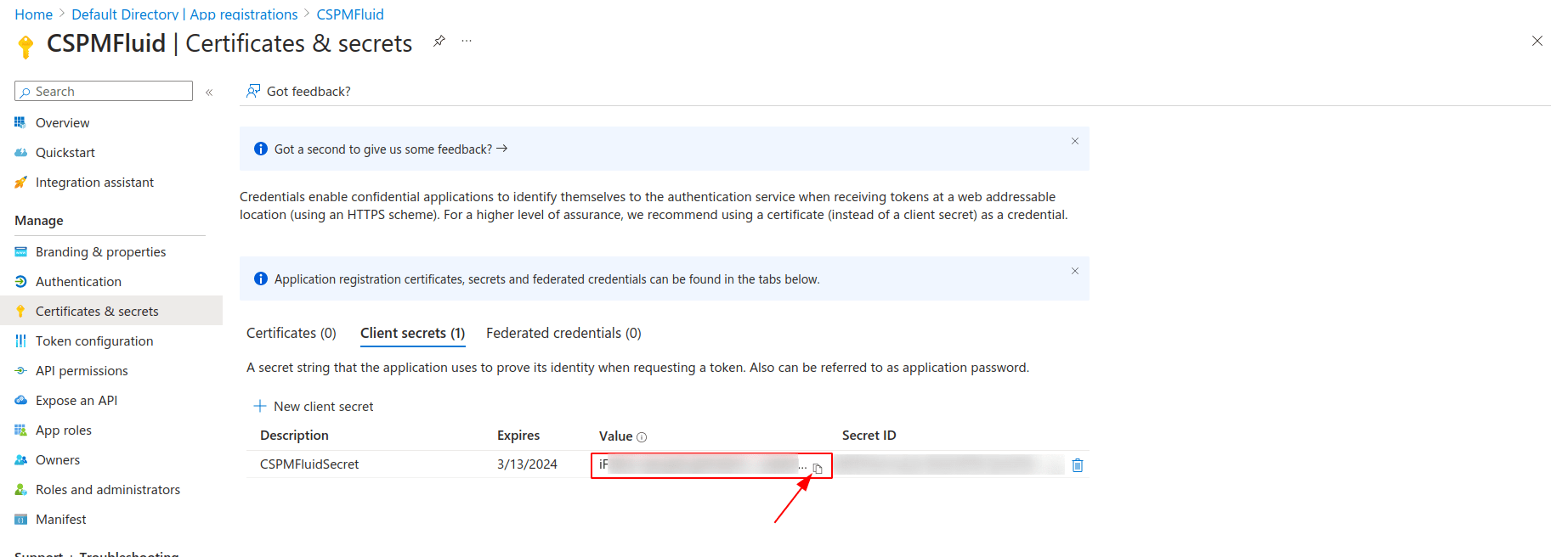 Get Azure app secret for Fluid Attacks CSPM