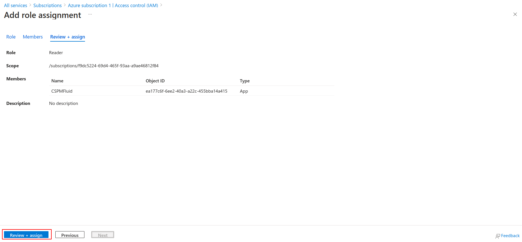 Review role assignment to Azure app for Fluid Attacks CSPM