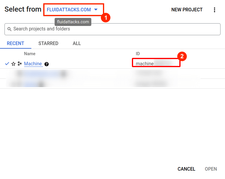 Find Project ID in selection menu for the Fluid Attacks GCP integration