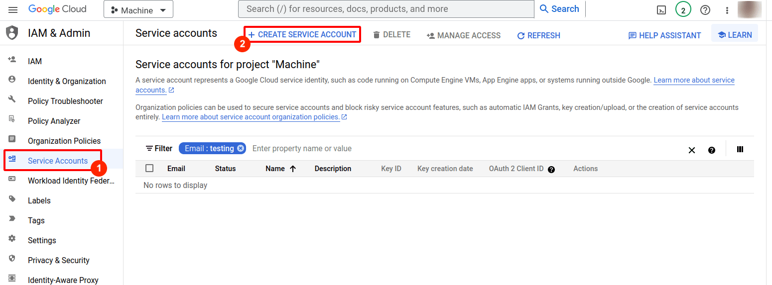 Find option to create service account for the Fluid Attacks GCP integration