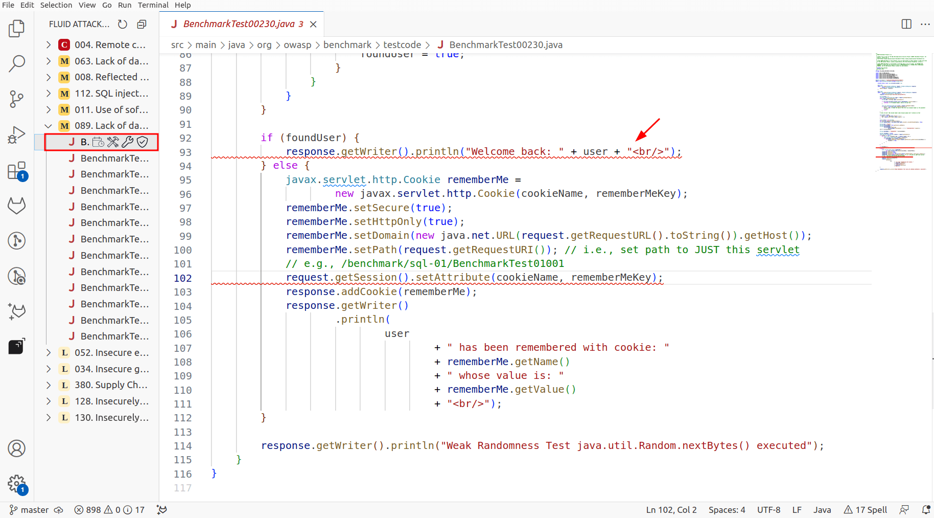 See vulnerable line of code in the Fluid Attacks VS Code extension