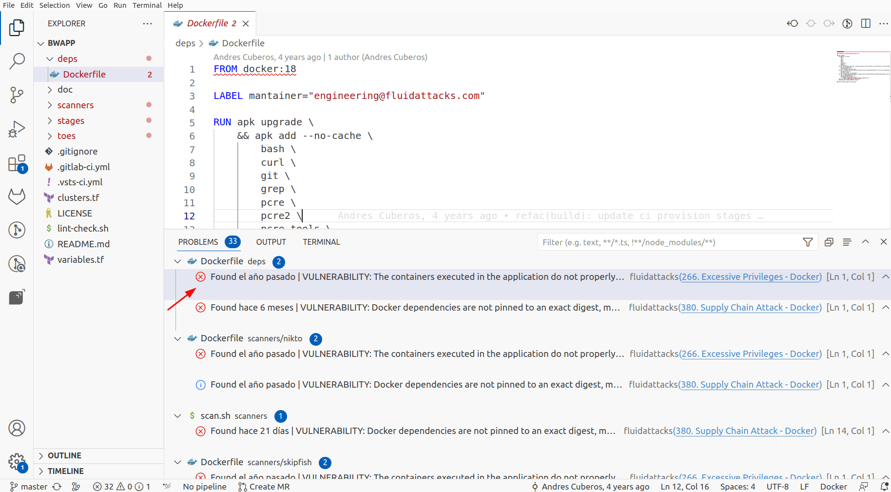 See a list of vulnerable files in the Fluid Attacks VS Code extension