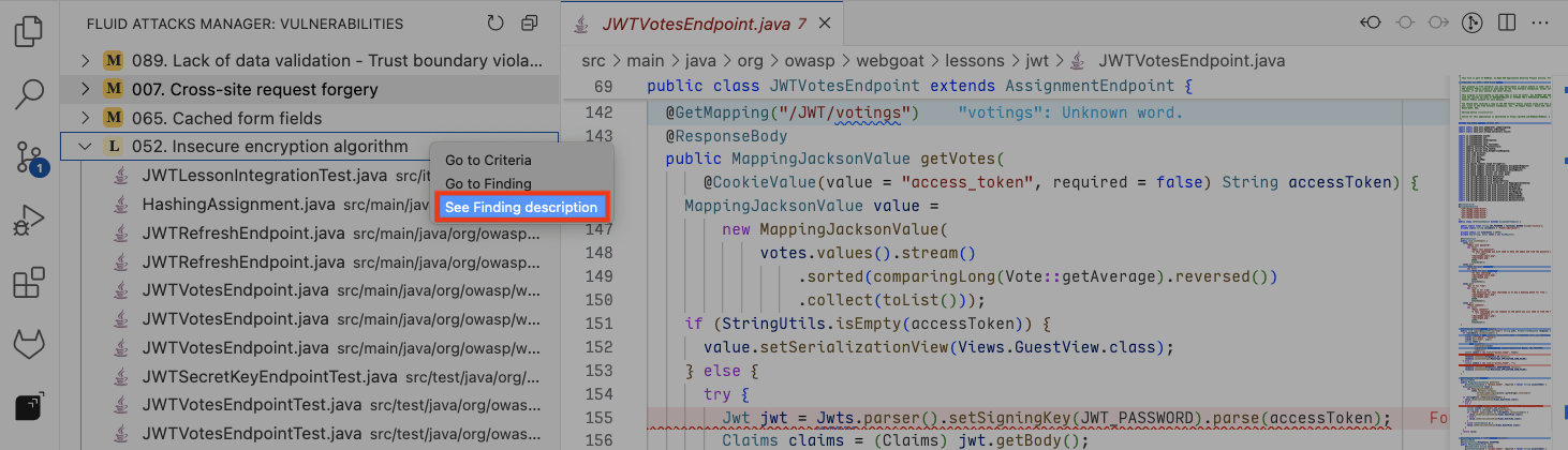 See vulnerability description from the Fluid Attacks VS Code extension