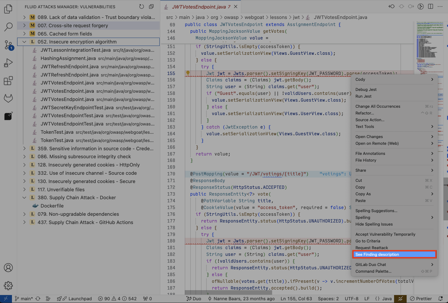 See vulnerable line description from the Fluid Attacks VS Code extension
