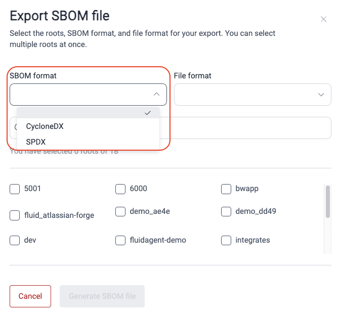 Choose SBOM format on the Fluid Attacks platform