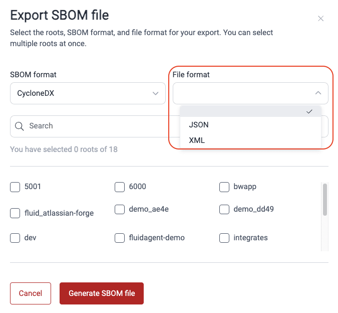 Choose SBOM file type on the Fluid Attacks platform