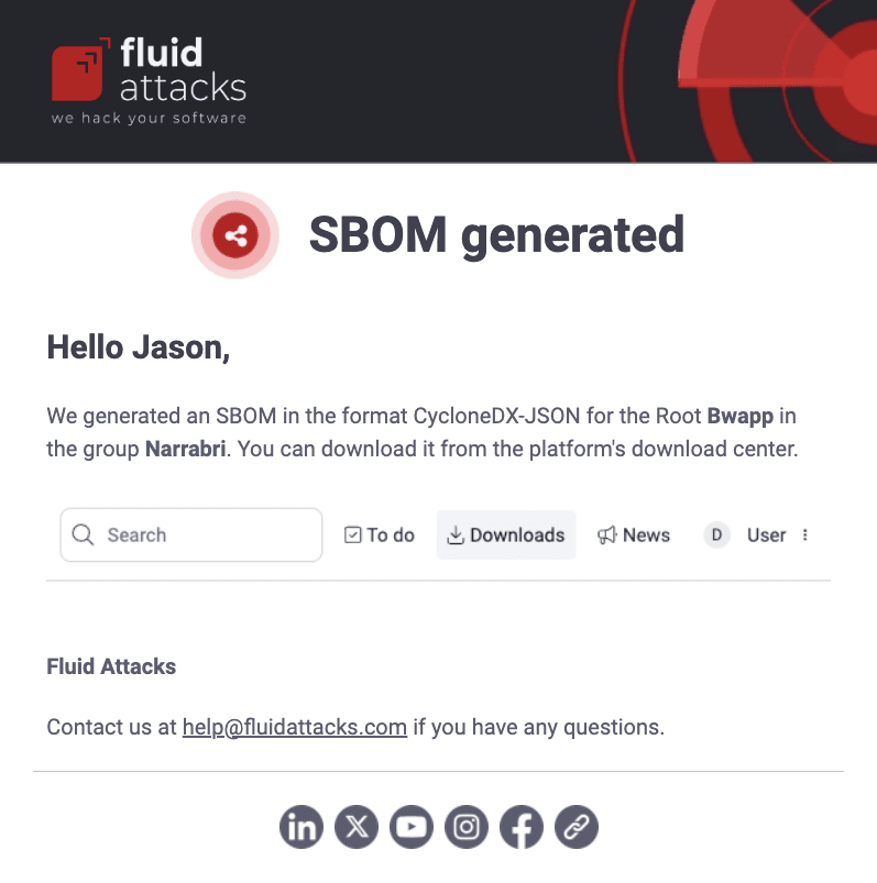 Download SBOM by Fluid Attacks in email