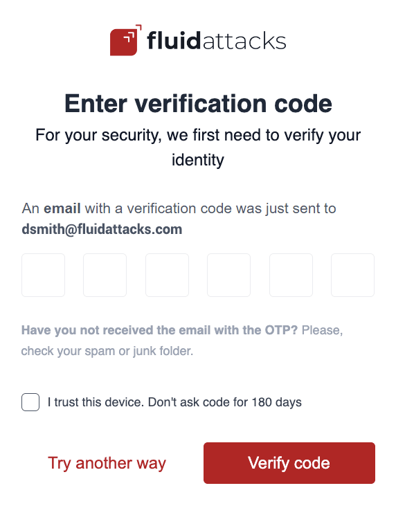 Enter the OTP sent to email to log in to the Fluid Attacks platform