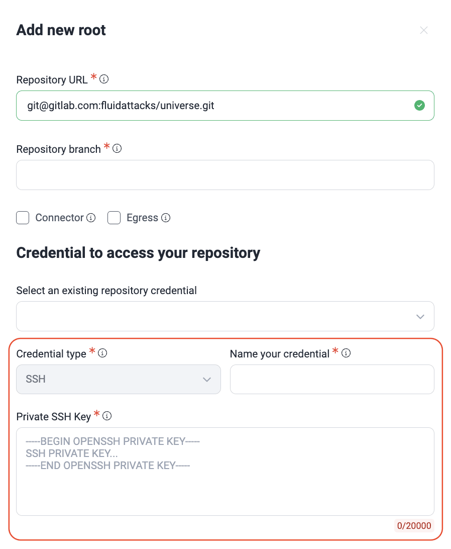 Use SSH key as credentials on the Fluid Attacks platform