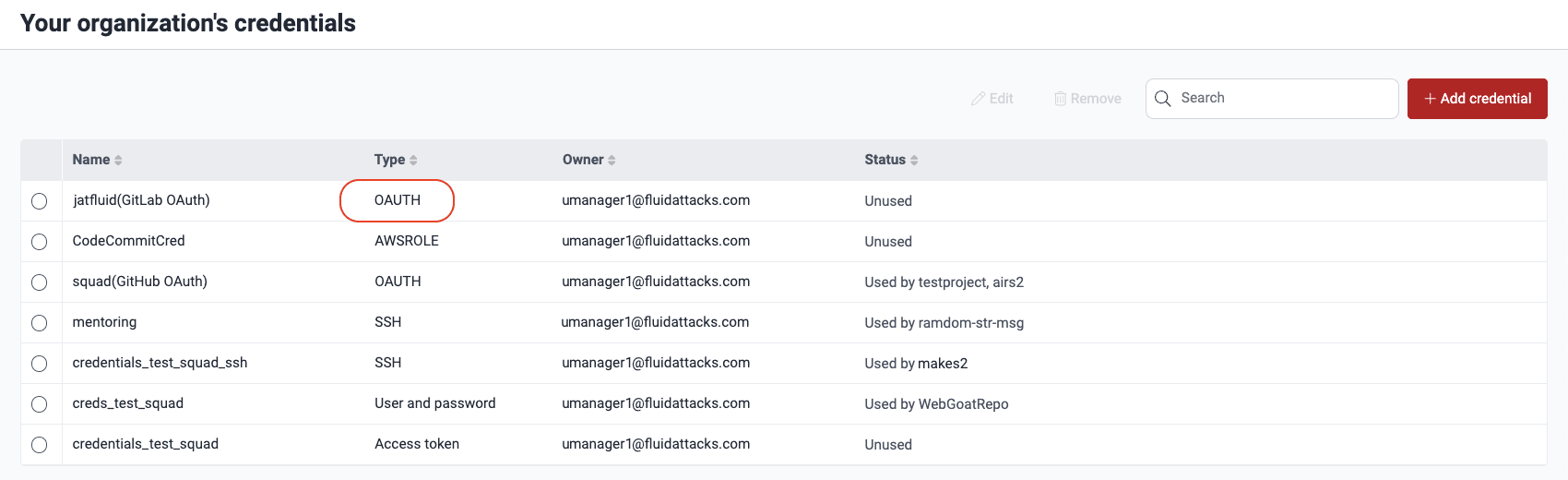 View OAuth credentials on Fluid Attacks platform