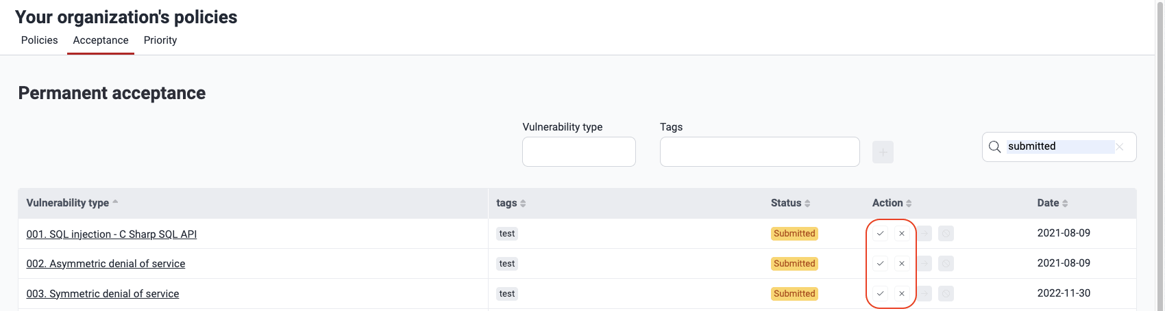 Approve and reject acceptance requests on the Fluid Attacks platform
