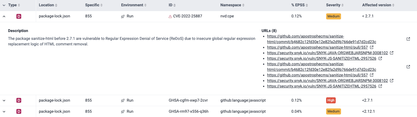 View dependency advisory description on the Fluid Attacks platform