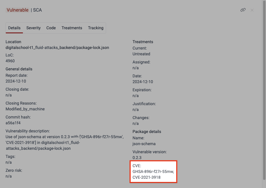 See SCA vulnerability CVE in the Fluid Attacks platform