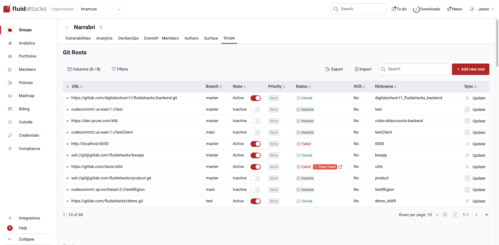 View Git repositories under testing on the Fluid Attacks platform
