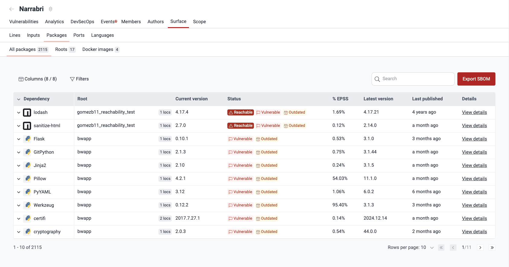 View packages security status on the Fluid Attacks platform