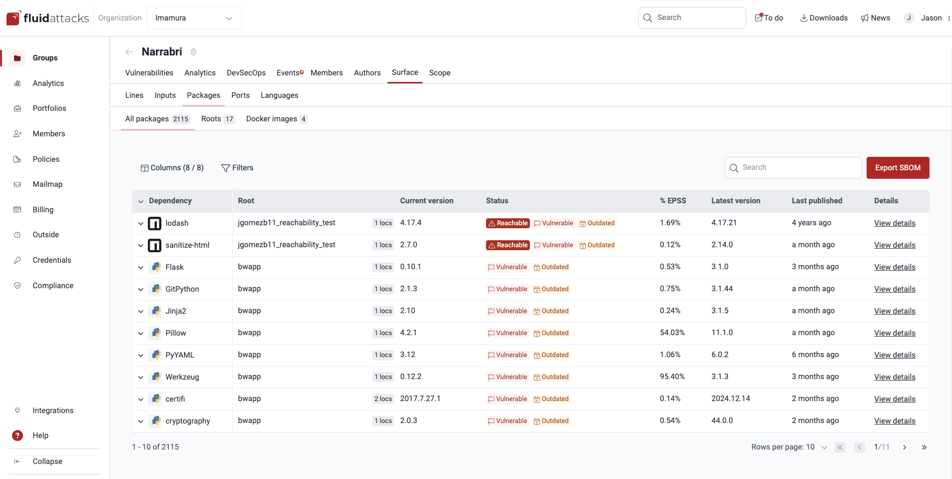 View used dependencies on the Fluid Attacks platform