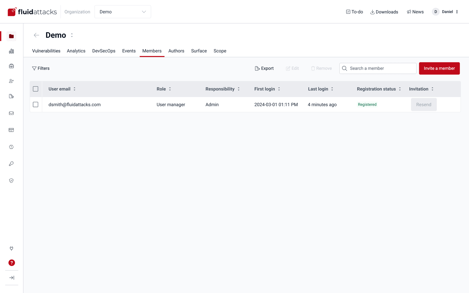 Click the Invite button to get members on the Fluid Attacks platform