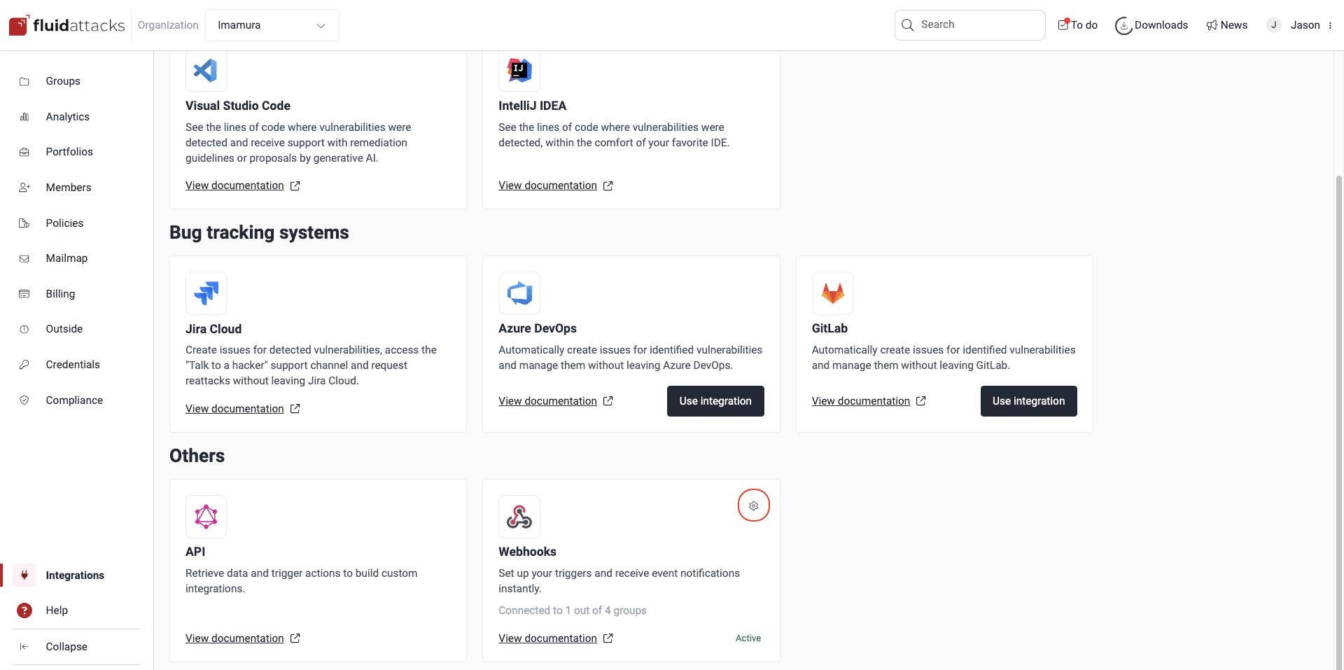 Locate webhooks option on the Fluid Attacks platform