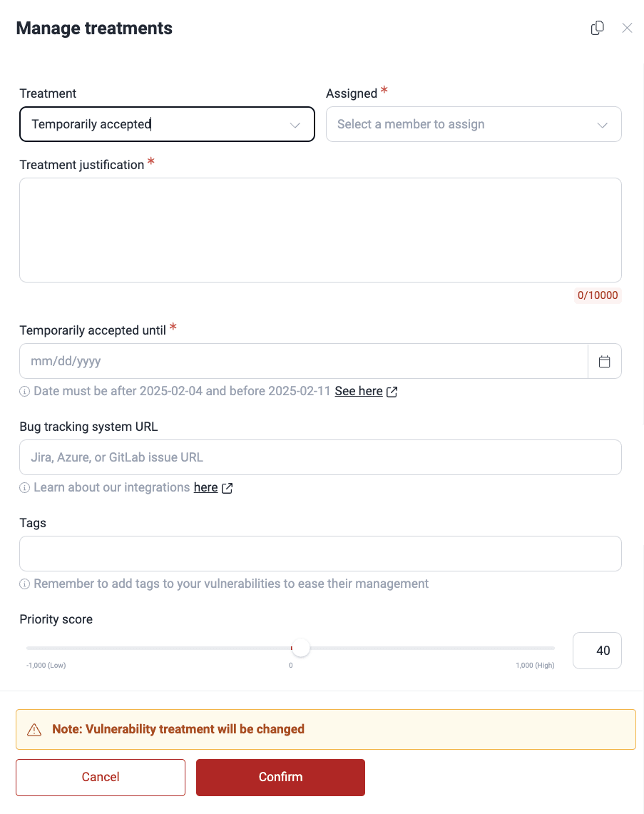 Fill out treatment form on the Fluid Attacks platform